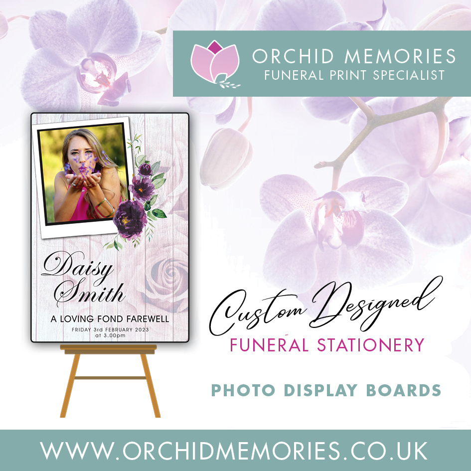 A2 photo board with orchids, featuring a message about custom designed funeral stationery from Orchid Memories