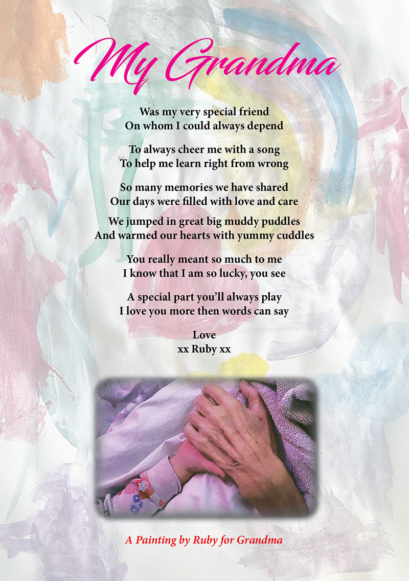 OoS_Image_2 Inside page of a funeral order of service tribute booklet, featuring a page fade of a child's painting, a poem dedicated to her grandma, and a photo of their hands together. Created by Orchid Memories