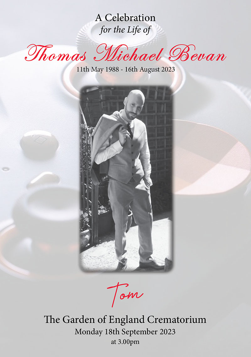 Order of service for Tom, featuring a gaming console and red accents to represent the colour of his favourite football team, Manchester United. Created by Orchid Memories