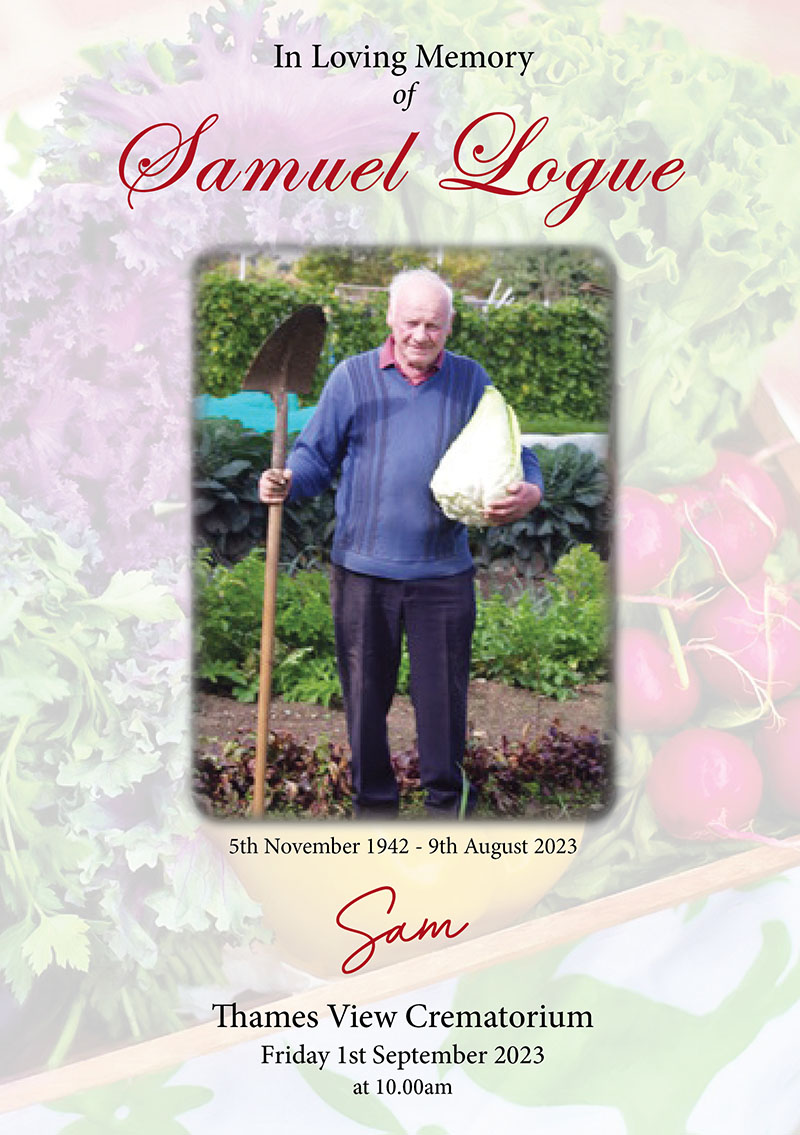 Front cover of a funeral order of service featuring a design highlighting the gentleman's passion for vegetable growing with illustrations related to gardening and vegetables. Created by Orchid Memories