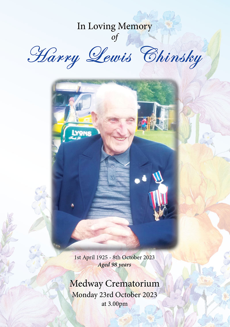 Front cover of a funeral order of service for a 98 year old gentleman, featuring a blue floral theme to represent his love of gardening. Created by Orchid Memories