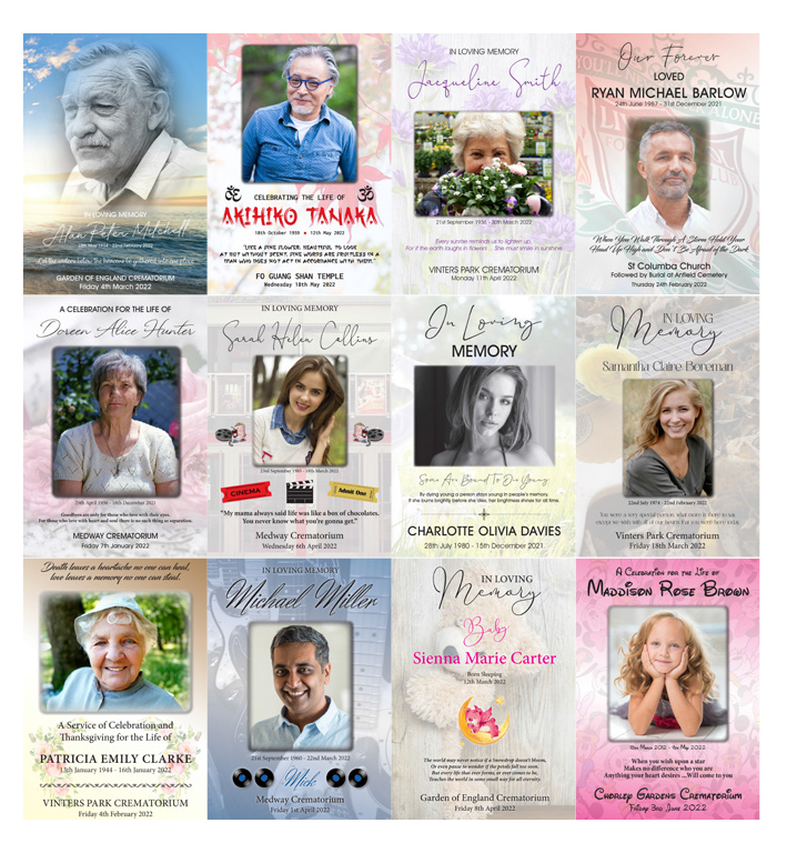 Grid of various custom designed funeral order of services, each uniquely created with distinct styles and designs. Created by Orchid Memories