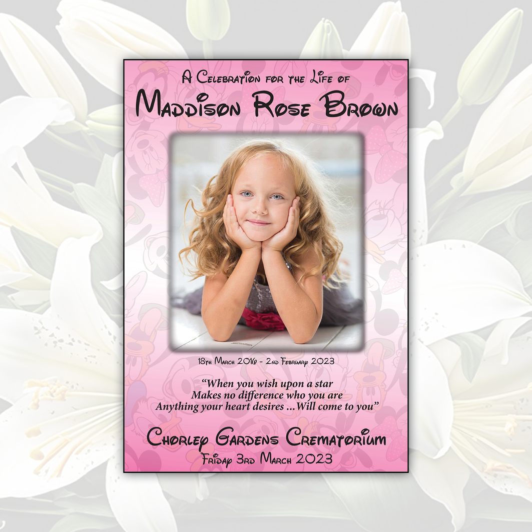 Front cover of a order of service for funerals for a child, featuring a Disney and pink princess theme, set against a background of lily flowers. Created by Orchid Memories