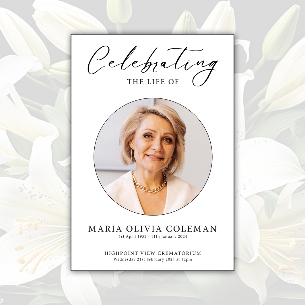 Front cover of a order of service for funerals with a plain, modern design featuring black text on a white background, set against a lily flower design. Created by Orchid Memories