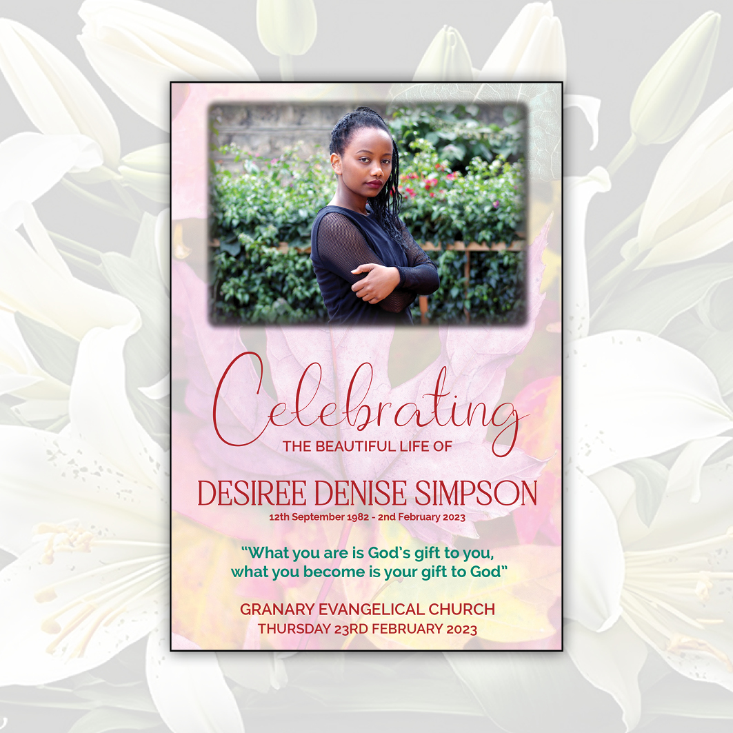 Front cover of a order of service for funerals with a bright autumn colour design, set against a background of lily flowers. Created by Orchid Memories