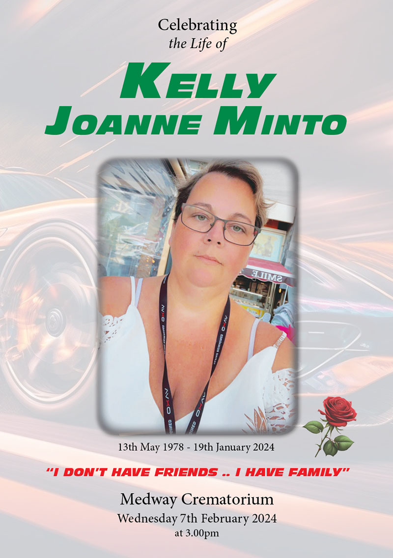Order of Service booklet for a funeral, featuring a tribute to a lady who loved the Fast and Furious films. The design includes a small rose in the corner and a quote from the film series. Produced by Orchid Memories