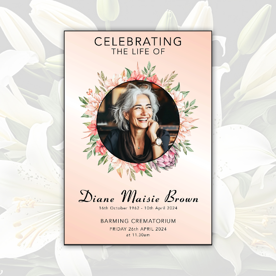 OM_LatestNewsIcons6 Front cover of a order of service for funerals with a peach gradient colour, featuring a circle photo frame surrounded by floral designs, set against a lily backdrop. Created by Orchid Memories