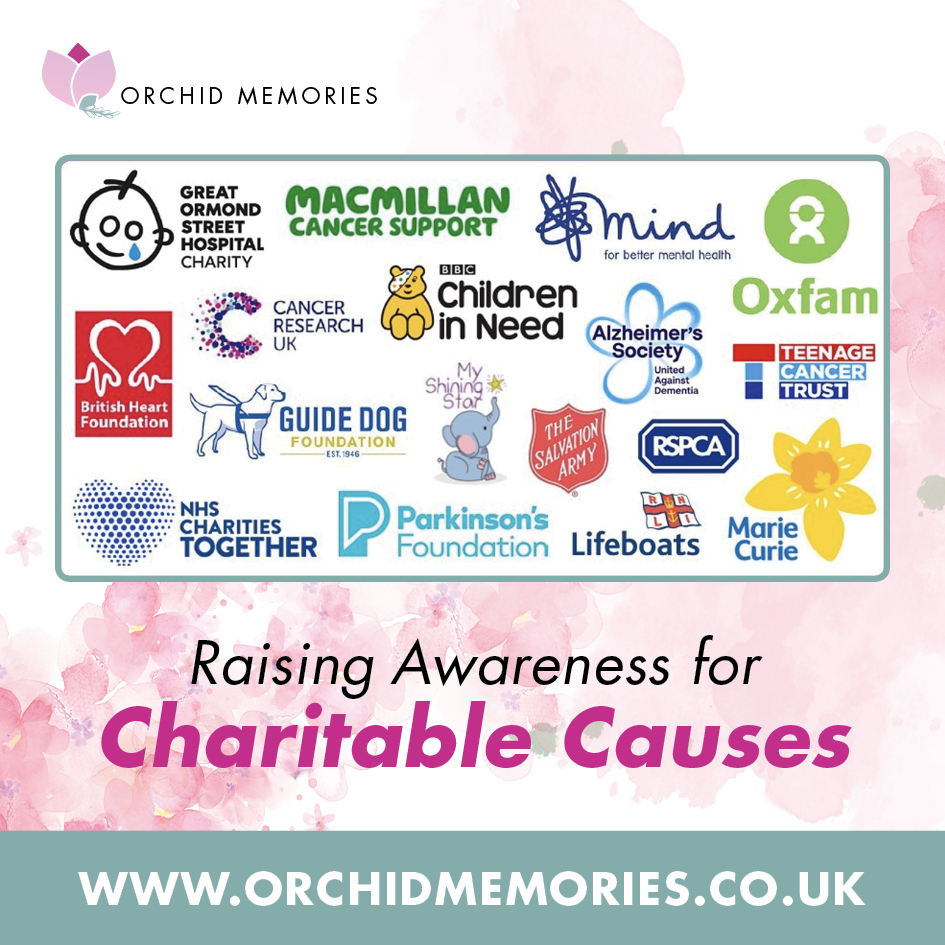 Advert highlighting the importance of mentioning donations on back of funeral order of service featuring various charities