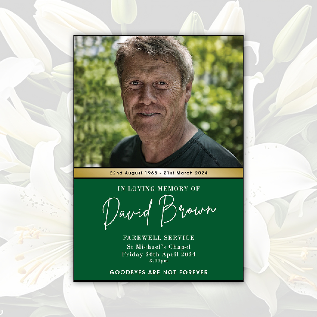 Front cover of a order of service for funerals in green and gold colours using a modern font, set against the backdrop of lily flowers. Created by Orchid Memories