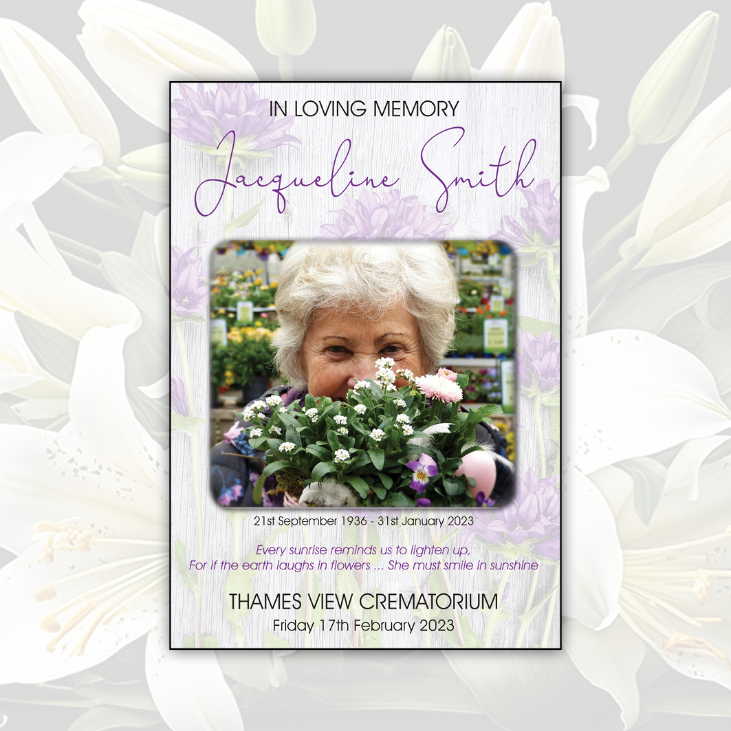OM_LatestNewsBLOGIcons Front cover of a order of service for funerals booklet featuring a purple flower design and modern fonts. The cover includes a photo of a lady holding a bunch of flowers. Created by Orchid Memories