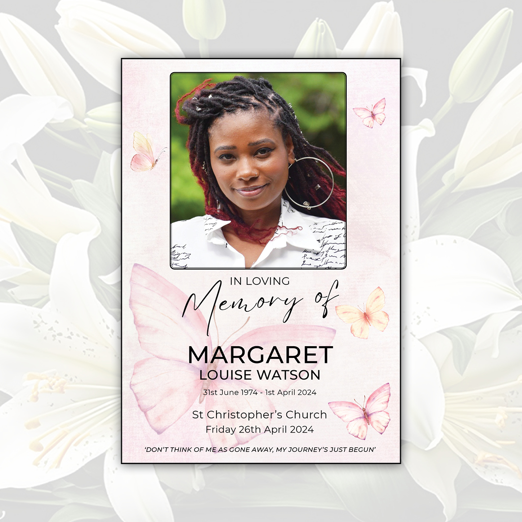 OM_LatestNewsIcons_2 Front cover of order of service for funerals featuring a light pink design with delicate butterflies and modern fonts. Created by Orchid Memories