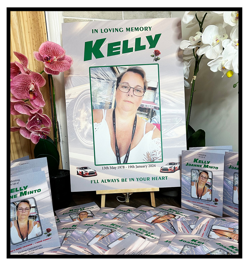 OM_PhotoBoardImages3 Photo of a funeral photo board and funeral order of service booklets featuring a fast and furious car design theme to represent the lady's love of watching the film franchise. Created by Orchid Memories