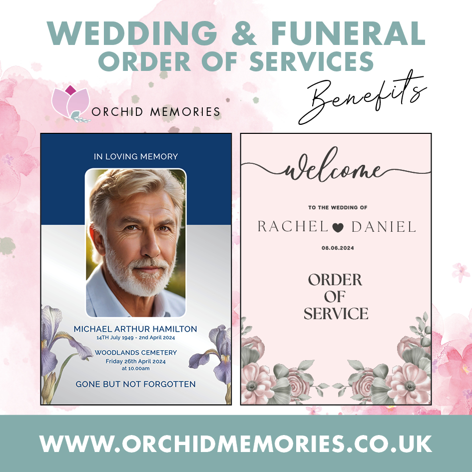 Front covers of a funeral order of service booklet and a wedding order of service booklet, illustrating the benefits of personalised stationery for both occasions.