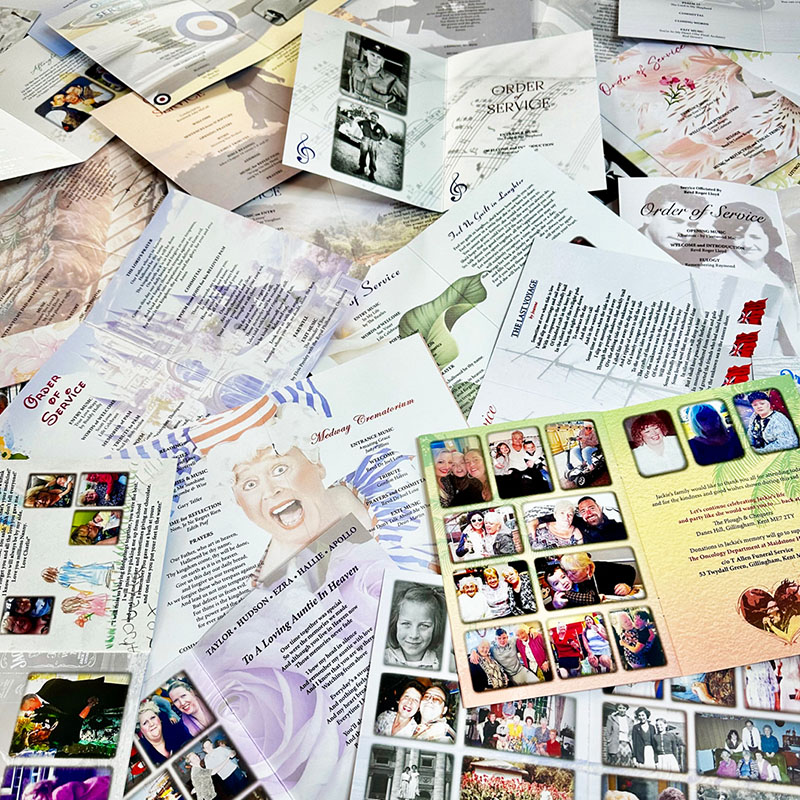 Image of various themed funaral order of service booklets, each with a different design to reflect the deceased, featuring diverse photos, colours and images. All created by Orchid Memories