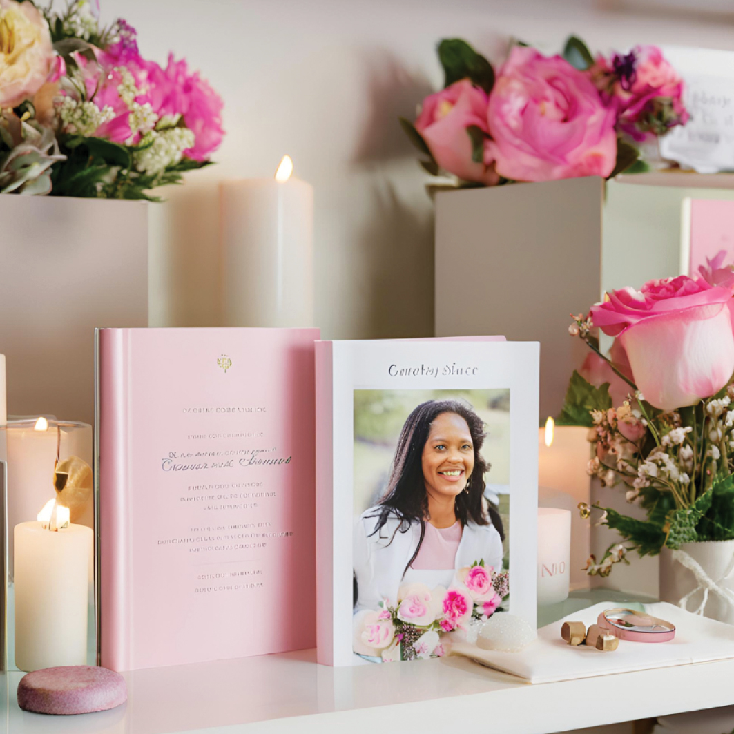 Funeral order of service booklet with a photo of a lady on the front cover, displayed on a shelf surrounded by softly glowing candles and pink decorative flowers.