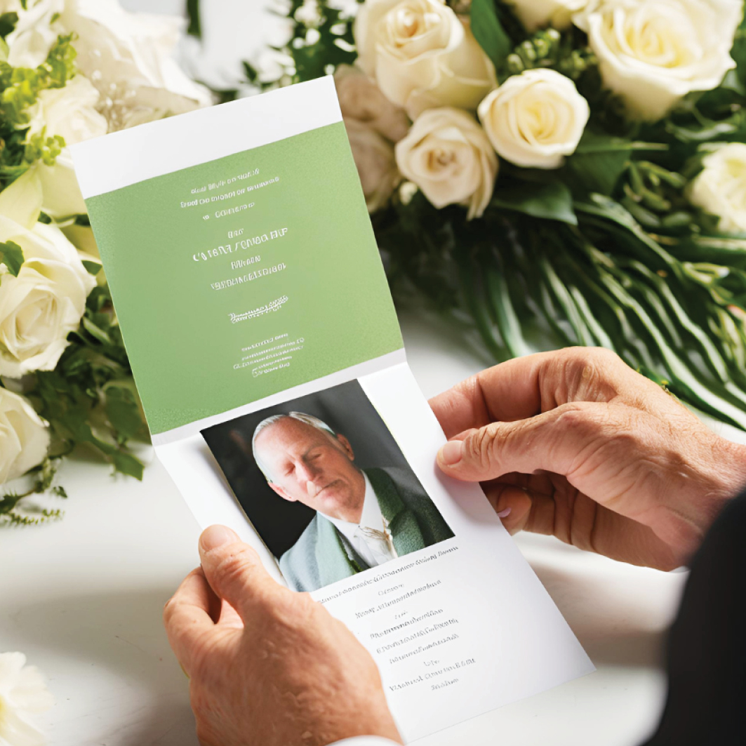Two hands holding a funeral order of service booklet featuring a photo of a gentleman on the cover, with decorative flowers softly blurred in the background.