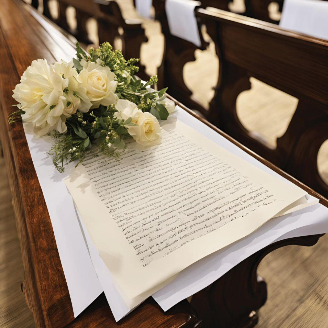 Funeral poem sheet laying on a pew with decorative white roses placed on top.