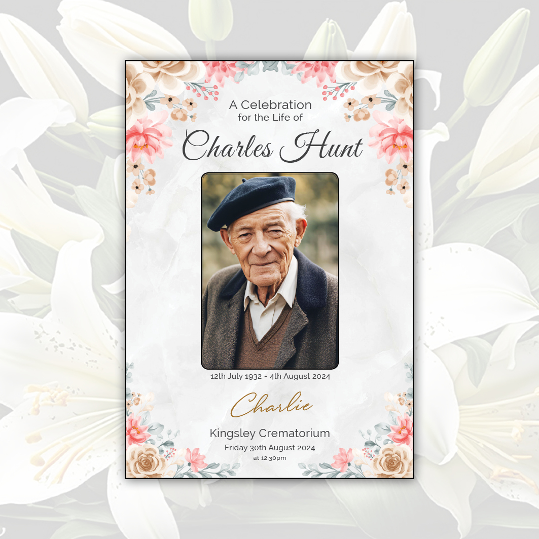 Floral order of service for funerals featuring pink and brown floral tones with a grey marble background and elegant script fonts. Created by Orchid Memories