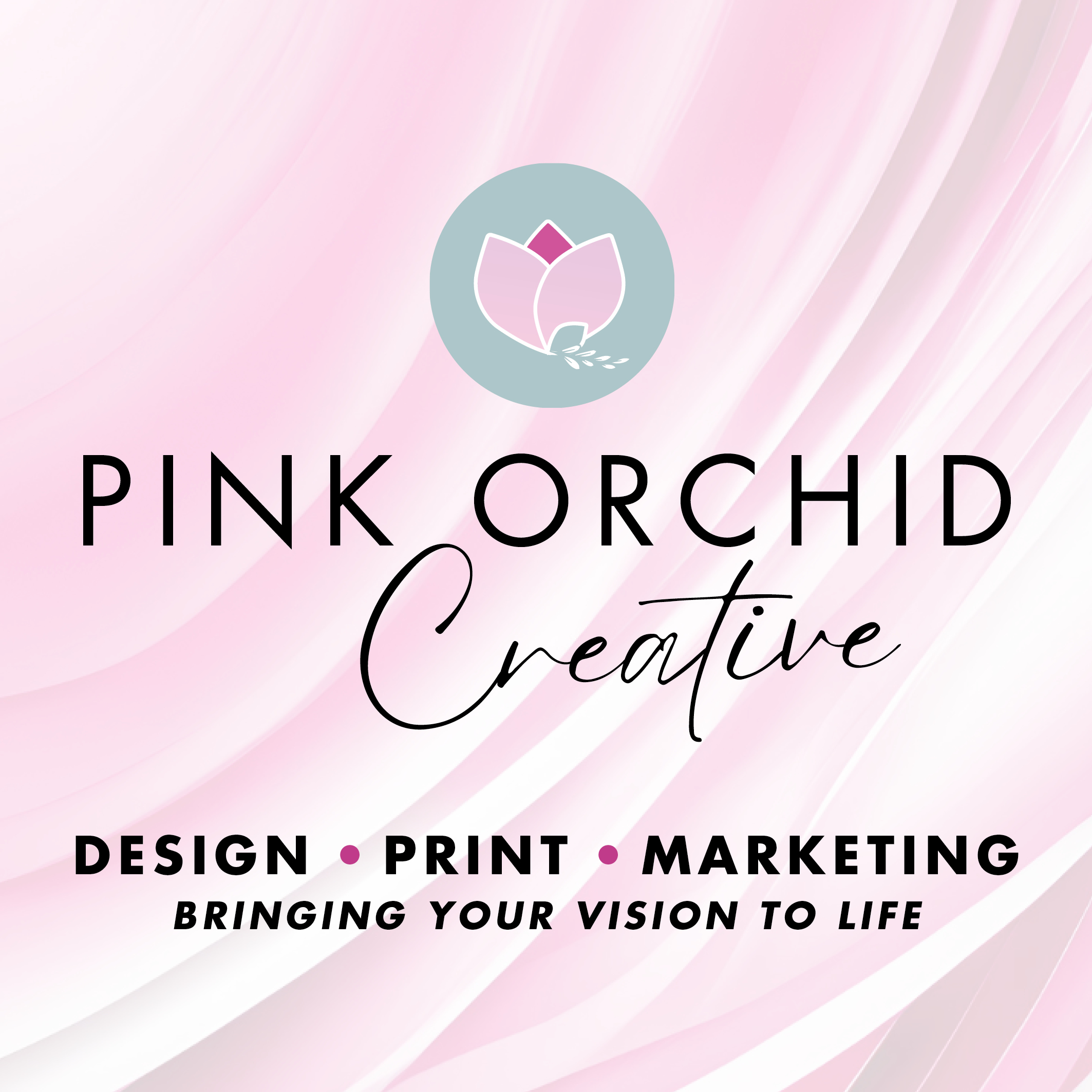 Pink Orchid Creative logo with a pink design, featuring the words 'Design, Print, Marketing - Bringing Your Visions to Life' against a pink background, part of the Orchid Memories group.