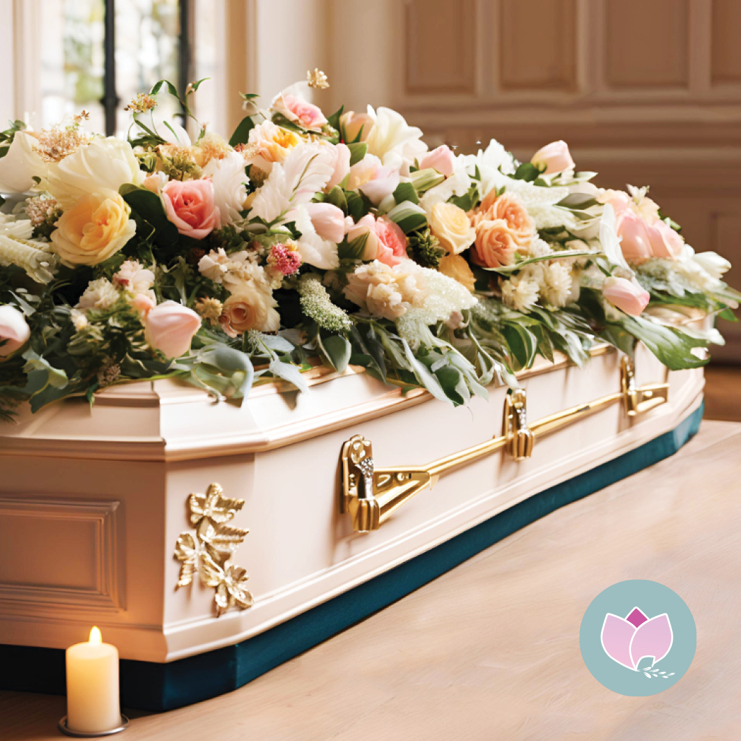 Side view of a coffin with a beautiful floral spray on top, featuring light pink, peach and white roses, creating an elegant tribute.