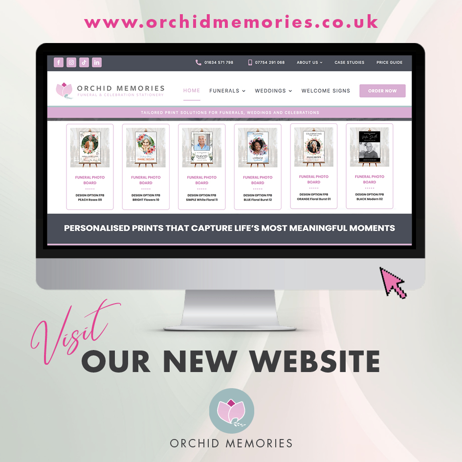 Apple Mac computer displaying the home page screen of 'Orchid Memories' updated website with a message 'Visit Our New Website' and the URL www.orchid.memories.co.uk
