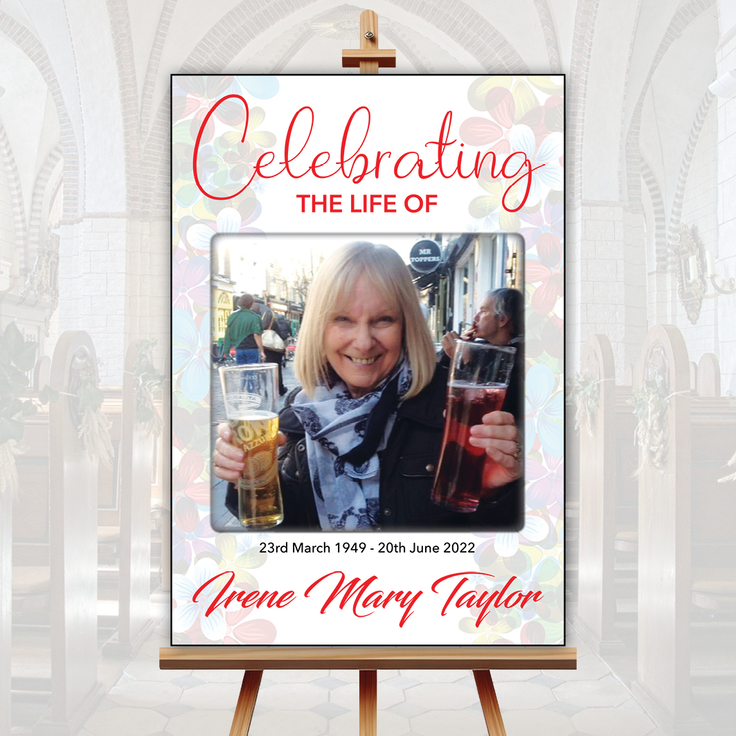 OM_EtsyFPB_Ad20 A funeral photo board celebrating the life of Irene. The board features a photo of Irene holding two pints, one beer and one cider, reflecting her joyful spirit. Created by Orchid Memories