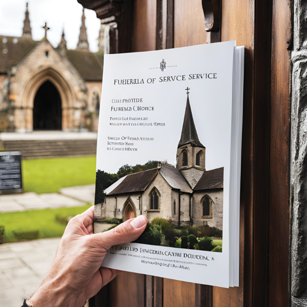 Hand holding a funeral order of service at the entrance of a chapel, symbolising the beginning of a memorial service.