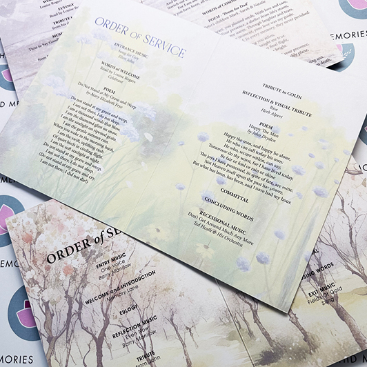 Inside pages of order of service for funerals featuring custom designs that incorporate the deceased's own paintings as subtle page fades, creating a personal and heartfelt tribute. Created by Orchid Memories